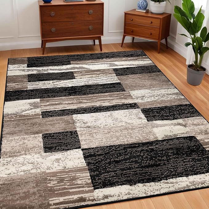 SUPERIOR Indoor Area Rug, Jute Backed, Modern Geometric Patchwork Floor Decor for Bedroom, Office, Living Room, Entryway, Hardwood Floors, Rockwood Collection, 5' x 8', Chocolate