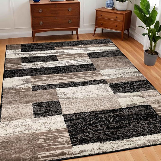 SUPERIOR Indoor Area Rug, Jute Backed, Modern Geometric Patchwork Floor Decor for Bedroom, Office, Living Room, Entryway, Hardwood Floors, Rockwood Collection, 5' x 8', Chocolate