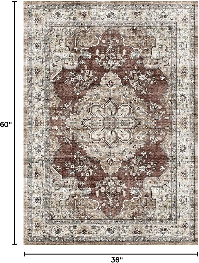 Vintage Area Rug 3x5 for Bedroom, Small Distressed for Kitchen Entryway Bathroom Living Room Office Carpet