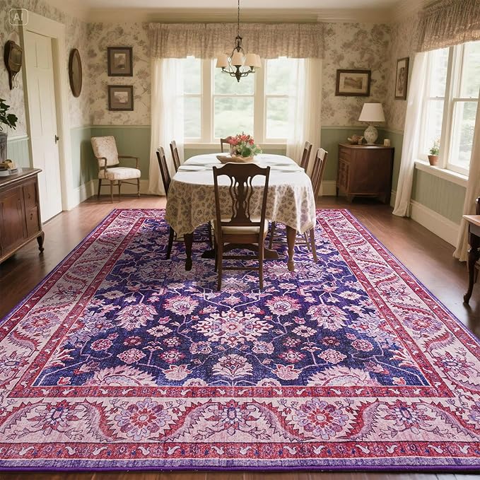 Area Rugs for Living Room, 6x9 Washable Area Rug for Bedroom, Retro Floral Non-Slip Carpet for Nursery Home Office Dining Room Kitchen, Blue and Purple