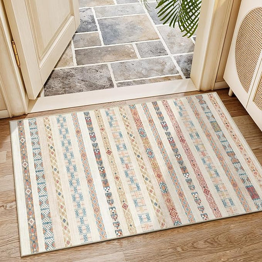 2x3 Washable Moroccan Area Rug: Geometric Boho Area Rugs for Entryway Small Mat for Kitchen with Non-Slip Backing Indoor Bedroom Door Mat Yellow Colourful 2'x3'.