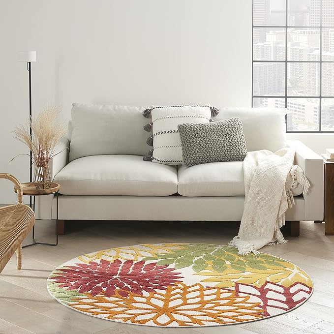 Nourison Aloha Indoor/Outdoor Red Multi Colored 5'3" x Round Area Rug, Tropical, Botanical, Easy Cleaning, Non Shedding, Bed Room, Living Room, Dining Room, Deck, Backyard, Patio (5 Round)