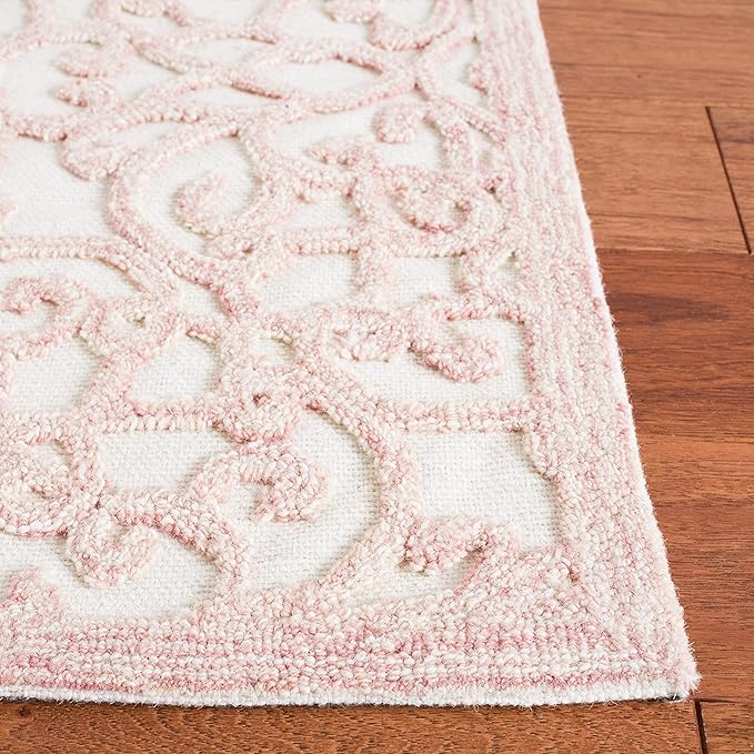 SAFAVIEH Trace Collection Runner Rug - 2'3" x 8', Ivory & Pink, Handmade Scroll Wool, Ideal for High Traffic Areas in Living Room, Bedroom (TRC103U)