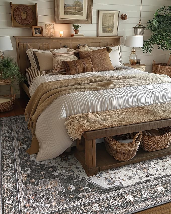 Area Rugs for Living Room 9x12 Machine Washable Rug, Boho Vintage Retro Large Floral Medallion Carpet for Bedroom Dining Room, Low Pile Lightweight Thin Non Slip Rug，Dark Grey
