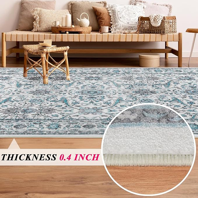 3x5 Area Rugs Washable Boho Rug, Non Slip Carpet for Living Room, Boho Vintage Design Rug, Foldable Soft Low-Pile Rug, Blue/Floral