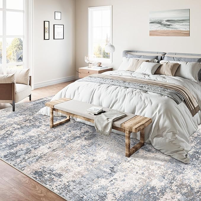 5x7 Washable Rugs Hallway Area Rug Blue Abstract Non Slip Low Pile Carpet for Bedroom Living Room Office Dining Room Kitchen Laundry Room