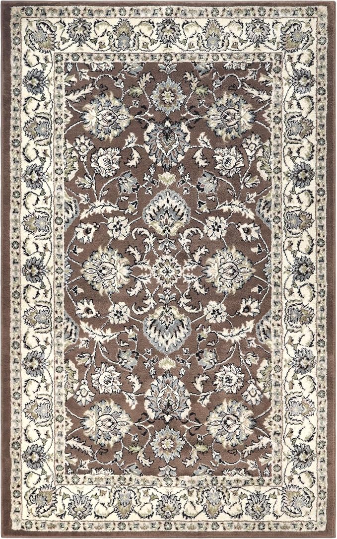 Superior Indoor Area Rug, with Jute Backing, Chic Bordered Floor Decor for Living Room, Bedroom, Office, Entryway, Kitchen, Dining, Floral Design, Lille Collection, 6' x 9', Brown
