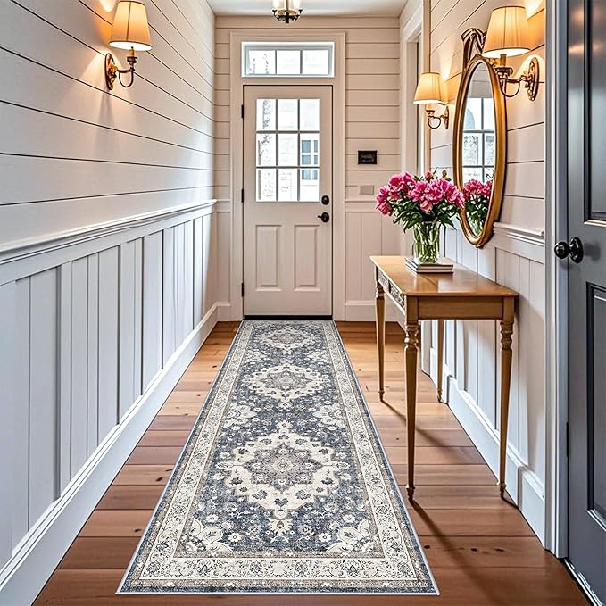 3x10 Washable Hallway Runner Rugs: Vintage Stain Resistant Rug for Kitchen Floral Living Room Bedroom Carpet with Non-Slip Backing Soft Low Pile Farmhouse Floor Mats for Entrance Laundry (3x10,Blue)