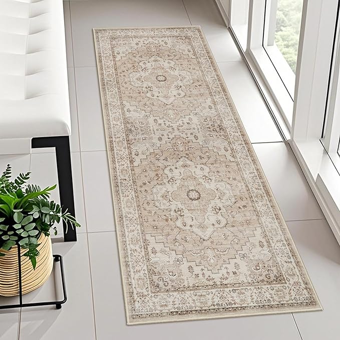 Washable Hallway Runner Rug 2x5 - Kitchen Rugs Beige Farmhouse Vintage Soft Carpet for Living Room Bedroom Bathroom Non Slip Stain Resistant Home Decor (2x5,Beige)