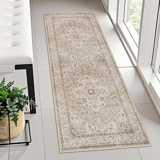 Washable Hallway Runner Rug 2x5 - Kitchen Rugs Beige Farmhouse Vintage Soft Carpet for Living Room Bedroom Bathroom Non Slip Stain Resistant Home Decor (2x5,Beige)