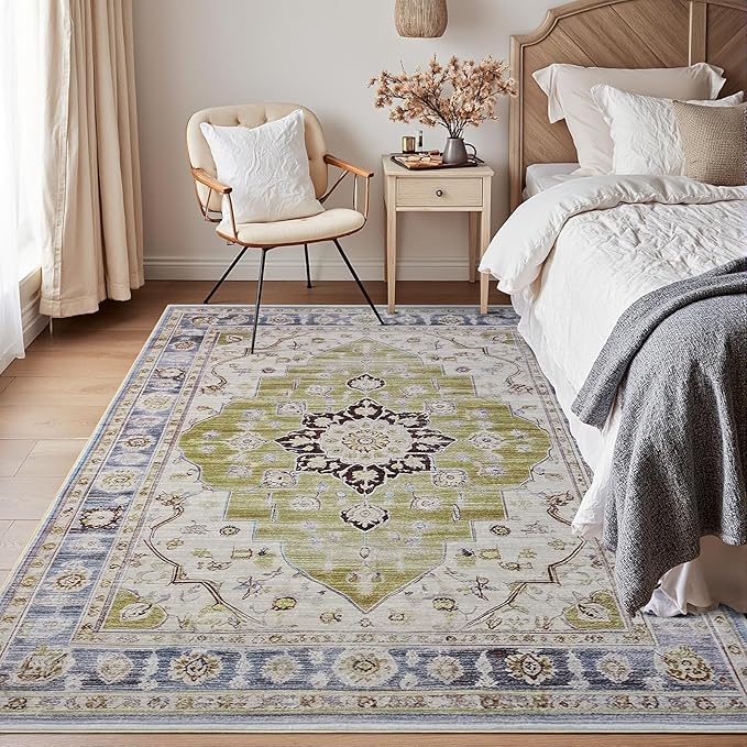 Vintage 3x5 Rug, Entryway Rug with Non Slip Backing, Soft Washable Area Rug for Indoor Entry, Low Pile Stain Resistant Non-Shedding Carpet for Bedroom, Living Room, Entryway, Green
