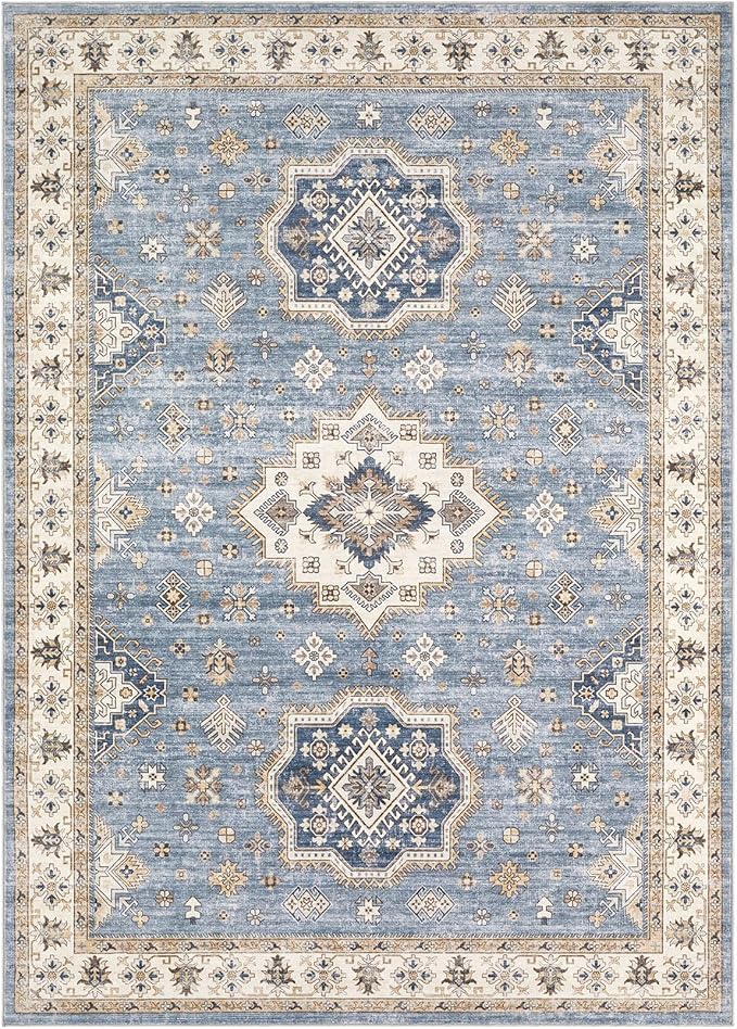 Washable Area Rugs for Living Room -8x10 Neutral Vintage Distressed Floral Farmhouse Boho Large Soft Floor Rug Indoor Non Slip Carpet for Living Room Bedroom Dining Room Office - Blue
