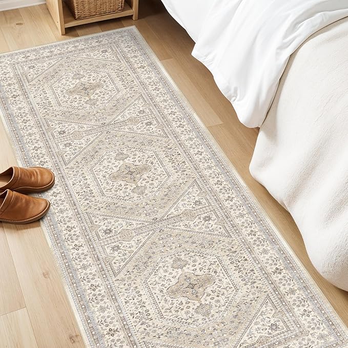 2x6 Runner Rug for Hallway Washable: Non Slip Kitchen Rugs with Rubber Backing Soft Waterproof Mats Stain Resistant Indoor Vintage Carpet Runner for Bedroom Bathroom Laundry Entryway Beige/Gray