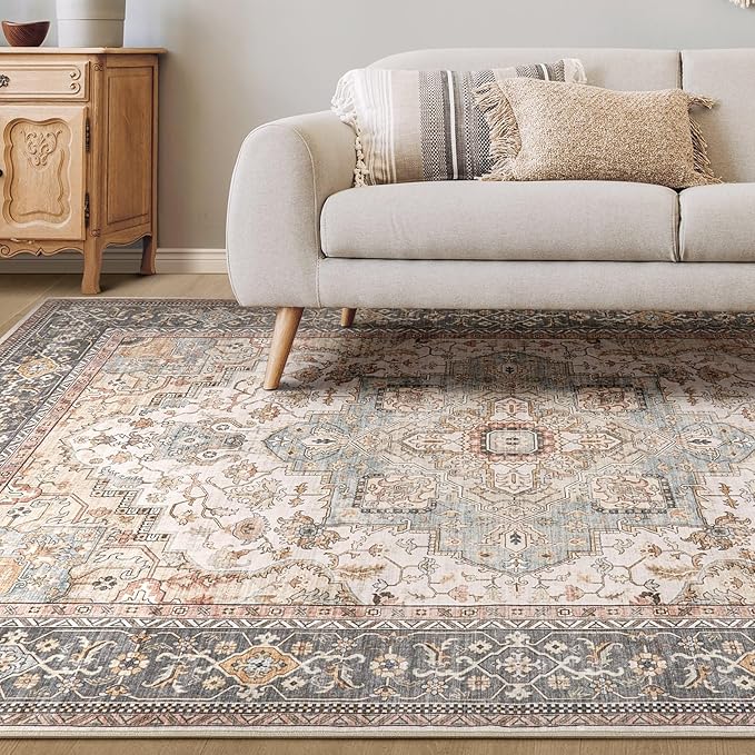 Washable Area Rugs for Living Room - 10x14 Neutral Vintage Distressed Floral Farmhouse Boho Large Soft Floor Rug Indoor Non Slip Carpet for Bedroom Dining Room Office - Green