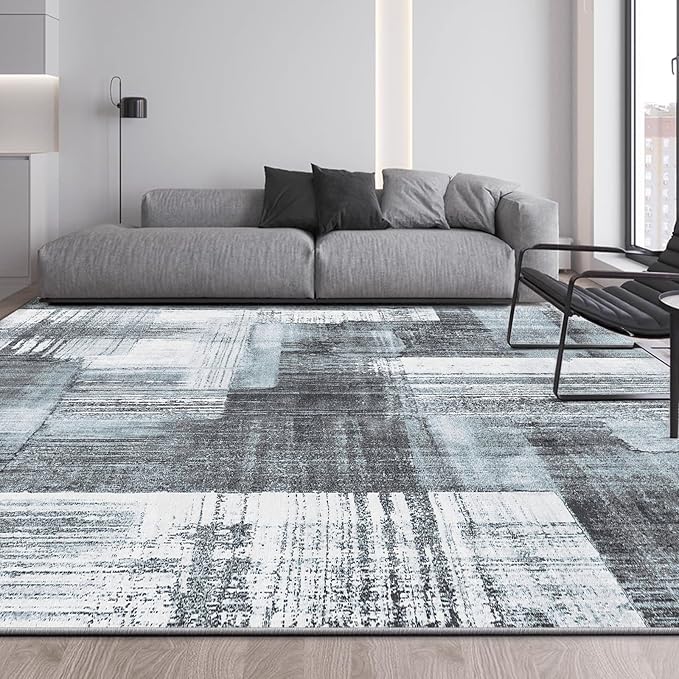 Washable Rug 5x7 Abstract Low Pile Bedroom Living Room Area Rug Modern Non Slip Lightweight Carpet for High Traffic Areas Home Dining Room, Blue&Grey