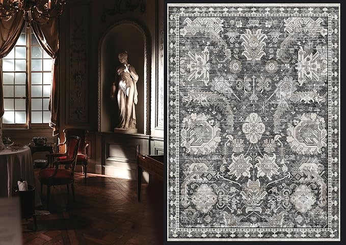 Washable Area Rugs - Perfect for Living Room, Bedroom, Kids Room, Nursery - Stain & Water Resistant Non-Slip, Pet & Child Friendly, Vintage Tribal Area Rugs (Grey, 9' x 12')