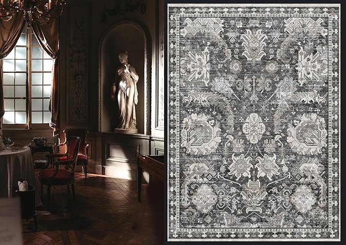 Washable Area Rugs - Perfect for Living Room, Bedroom, Kids Room, Nursery - Stain & Water Resistant Non-Slip, Pet & Child Friendly, Vintage Tribal Area Rugs (Grey, 4' x 6')