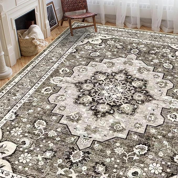 Washable 9x12 Large Area Rug: Vintage Non-Slip Backing Rugs for Living Room Stain Resistant Bedroom Carpet Soft Medallion Farmhouse Floor Mat for Dining Room Home Office (9x12 Beige)