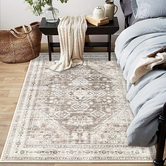 Zomfy Area Rug Vintage 4x6 Rug: Washable Indoor Rug, Traditional Oriental Medallion Rug, Non Slip Carpet for Living Room Bedroom Dining Table Kitchen(Brown, 4'x6')