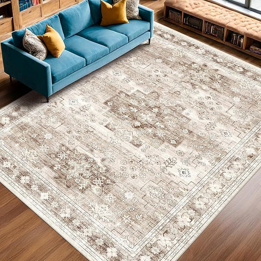Washable Farmhouse Living Room Rug, 8x10 Area Rugs for Bedroom, Dining Room Under Table Carpet, Kids Room, Large Boho Vintage Non-Slip Floral Rugs Low Pile Stain Resistant (8x10 Beige/Latte)