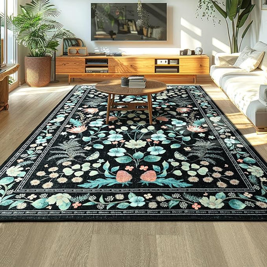 Area Rugs for Living Room, Non-Slip 4x6 Washable Rug for Bedroom,Vintage Floral Carpet for Entryway Office Kitchen Dining Room, Black