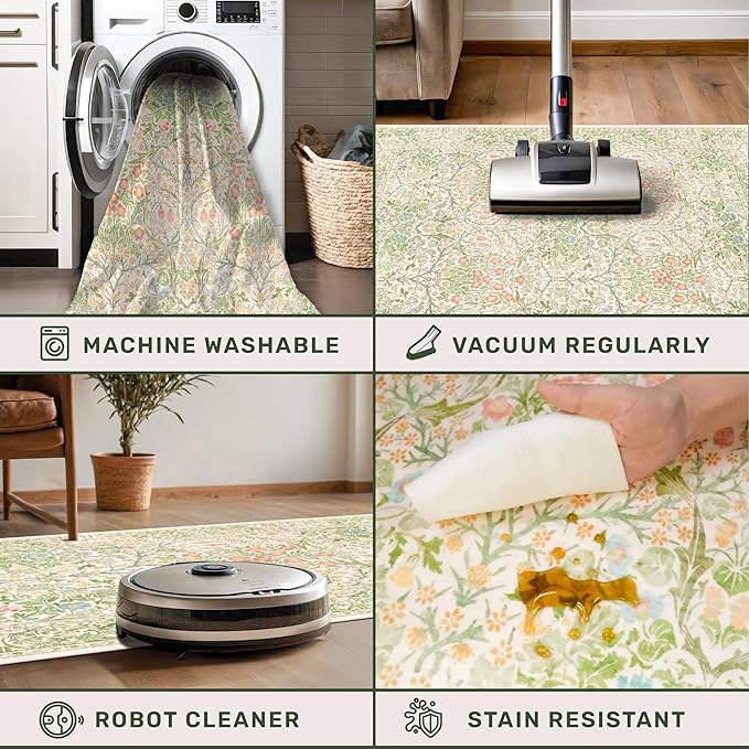 Washable Entry Rug - Front Door Rugs Indoor, Non-Slip Bathroom Small Rugs, Vintage Floral Style Rug for Kitchen, Perfect for Entryway Décor (2x3 Beige Green)