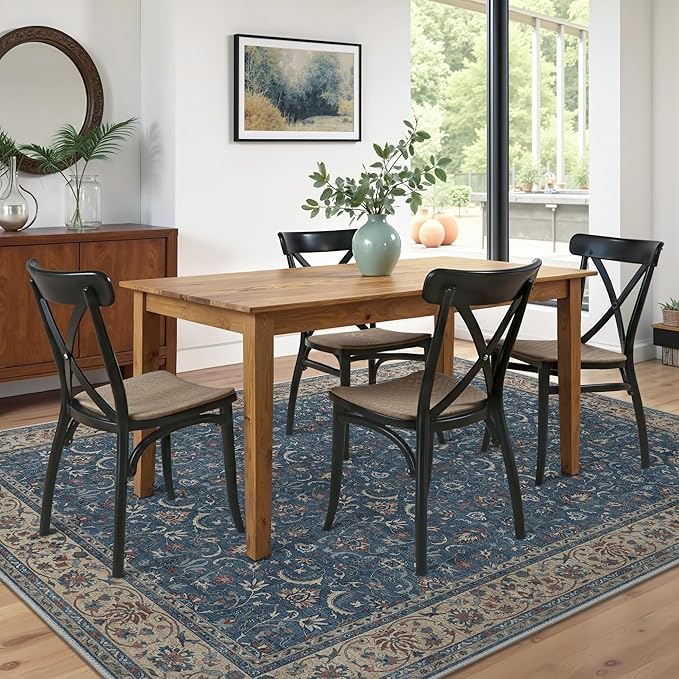 8X10 Area Rugs Machine Washable Rugs for Living Room, Vintage Boho Large Rugs for Bedroom Dining Room, Non Slip Indoor Soft Distressed Lightweight Thin Low Pile Carpet, Indigo