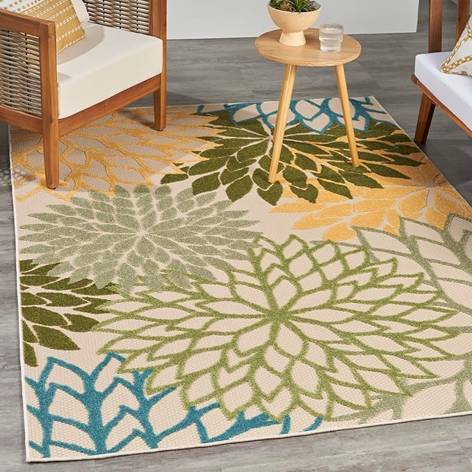 Nourison Aloha Tropical Indoor/Outdoor Green Multicolor 6' x 9' Area Rug, Easy Cleaning, Non Shedding, Bed Room, Living Room, Dining Room, Backyard, Deck, Patio (6x9)