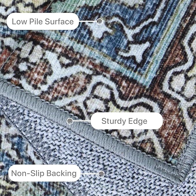 8X10 Area Rugs Machine Washable Rugs for Living Room, Vintage Boho Large Rugs for Bedroom Dining Room, Non Slip Indoor Soft Distressed Lightweight Thin Low Pile Carpet, Vintage Blue