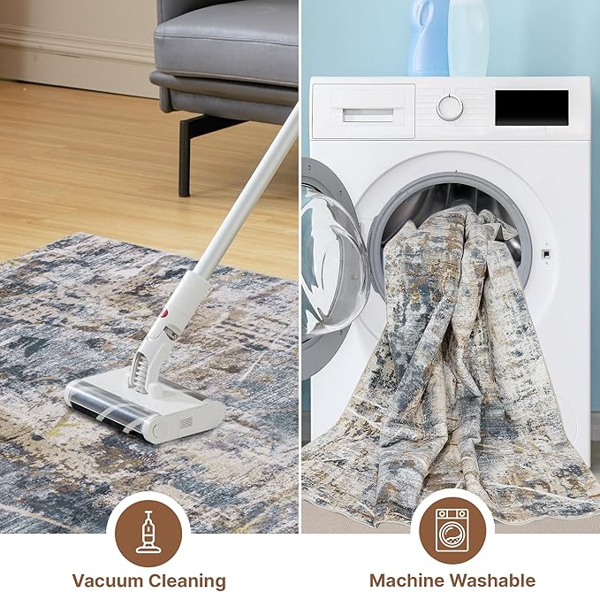 3x5 Area Rug, Modern Abstract Area Rug Machine Washable, Non Slip 3 x 5 Rugs for Living Room, Dining Room, Office Non Shedding Bedroom Carpet, Grey/Tan/Navy