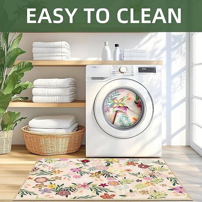 2x3 Washable Indoor Door Mat - Boho Beige Floral Rugs for Entryway, Soft Small Area Rug, Non-Slip Low-Pile Thin Door Mat for Inside Entry, Rugs for Indoor Front Entrance Kitchen Bathroom