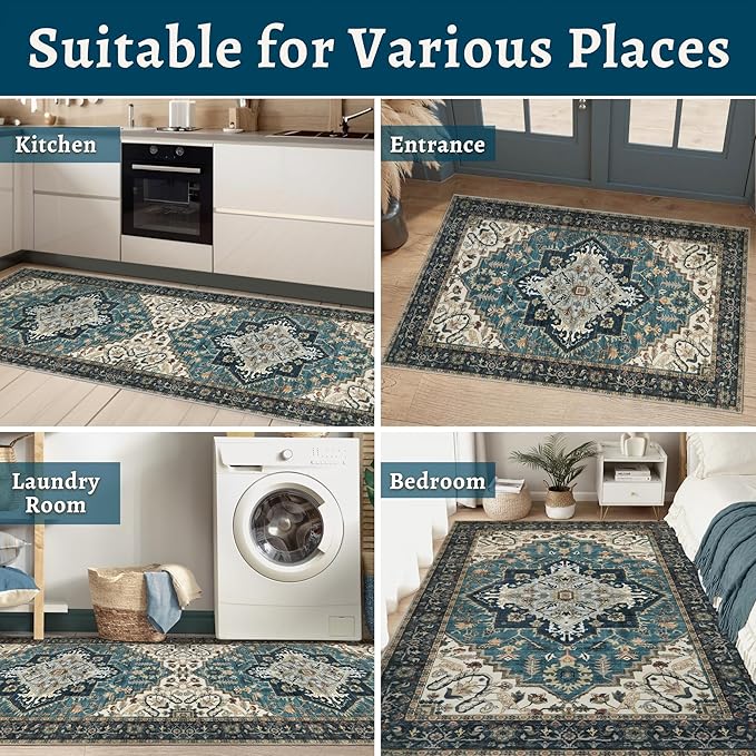 2x3 Washable Rug for Entryway, Vintage Non Slip Small Area Rug, Indoor Front Door Rug, Print Distressed Blue/Beige, Soft Low Pile Rugs for Entrance Kitchen Bedroom Bathroom