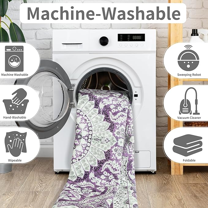Foxmas Hallway Runner Rug, 2x6 Vintage Kitchen Runner Area Rugs Non Skid Washable, Low Pile Throw Rugs with Rubber Backing Carpet for Laundry Room Entryway Bedroom Home Decor, Purple