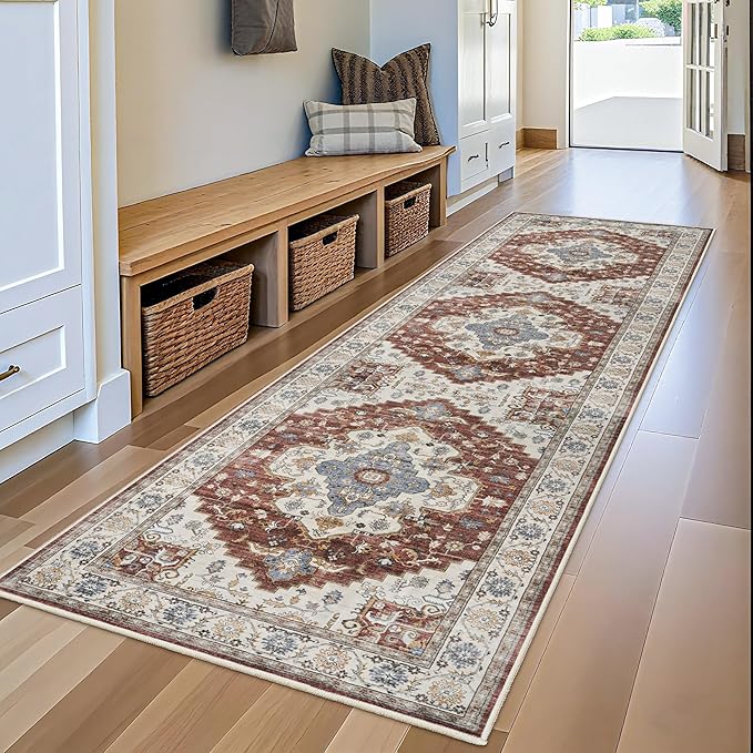 Washable Hallway Runner Rug 3x10: Vintage Ultra Thin Long Runners for Kitchen Soft Bathroom Nursery Mat - Non Slip Low Pile Carpet - Home Floor Decoration Rugs (3x10,Brick)