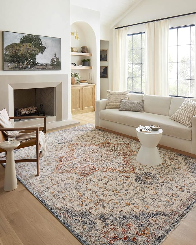 Loloi Sorrento Collection 3'-11" x 3'-11" Round Accent Rug in Ivory/Fiesta - Vintage Inspired Patterned Area Rug, Unique Area Rug for Living Room, Bedroom, Dining Area
