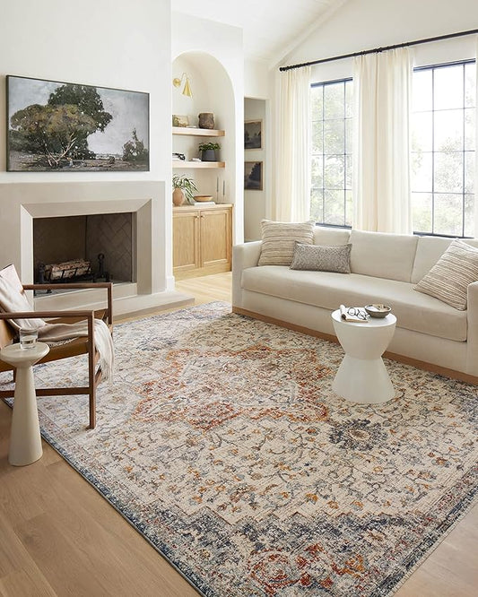 Loloi Sorrento Collection 3'-11" x 3'-11" Round Accent Rug in Ivory/Fiesta - Vintage Inspired Patterned Area Rug, Unique Area Rug for Living Room, Bedroom, Dining Area