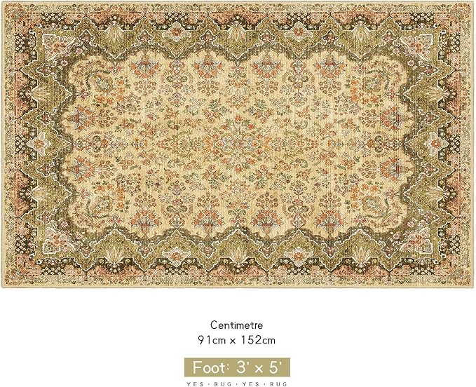 Green Rug 3x5 Area Rugs, Boho Washable Rug for Bedroom Living Room Kitchen Office Laundry Room, Non Slip Vintage Small Soft Rugs Retro Distressed Floor Carpet