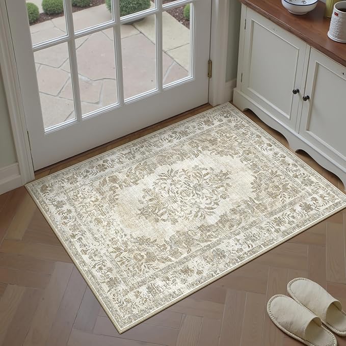 2x3 Area Rug Beige Washable Entryway Door Mat Indoor Vintage Medallion Floral Carpet Kitchen Bathroom Distressed Entrance Retro Small Non Slip Accent Throw Bedroom Office Dining Living Room