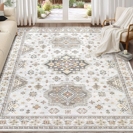 Washable Area Rugs for Living Room -10x14 Neutral Vintage Distressed Floral Farmhouse Boho Large Soft Floor Rug Indoor Non Slip Carpet for Living Room Bedroom Dining Room Office-Blue Brown