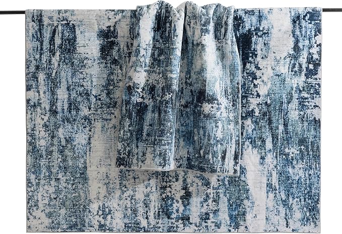 Carvapet Rugs for Living Room, Modern Abstract Low Pile Large Carpet with Rubber Backing, Foldable, Non Slip Machine Washable (7 x 5 Feet Rectangular, Blue Grey Area Rug)