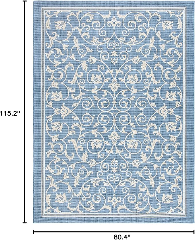 SAFAVIEH Courtyard Collection 6'7" x 9'6" Blue / Natural CY2098 Scroll Indoor/ Outdoor Waterproof Easy-Cleaning Patio Backyard Mudroom Area-Rug