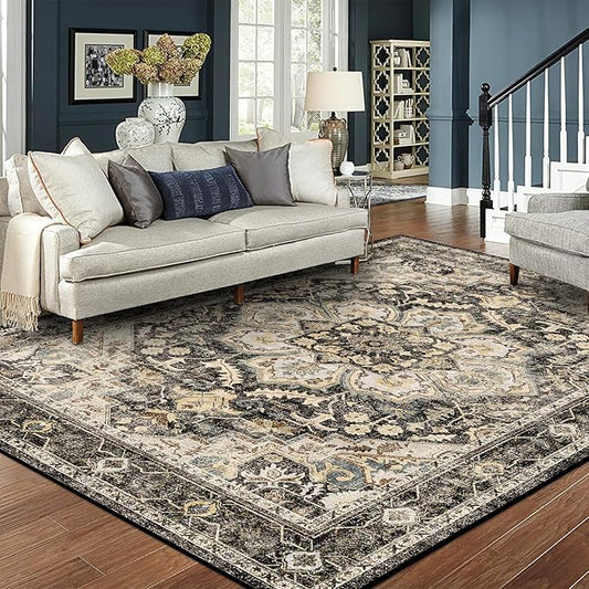 Washable Area Rugs 8x10 - Large Rugs for Living Room Non-Slip Non-Shedding Thin Carpet for Bedroom Kitchen Stain and Water Resistant Indoor Carpets (Black/Grey, 8x10)