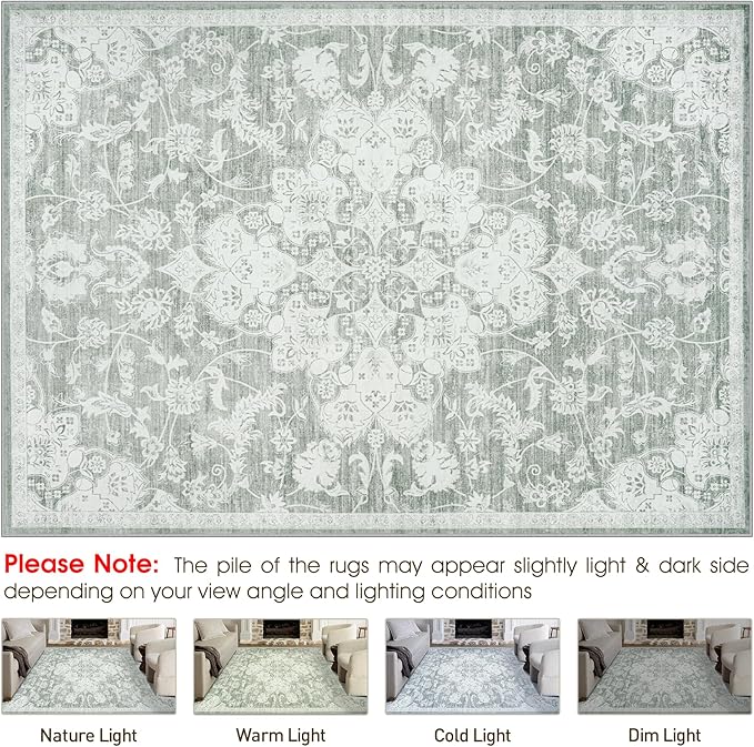Washable Rugs 8x10 Area Rugs, Soft Vintage Living Room Rug with Anti-Skid Backing Stain Resistant Thin Indoor Carpet Large Area Rug for Bedroom Under Dining Room Table Nursery Entryway-Gray/Ivory