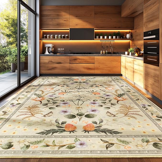 Area Rugs for Living Room, 6x9 Washable Non-Slip Rug for Bedroom, Vintage Floral Carpet for Home Office Nursery Dining Room Kitchen, Beige