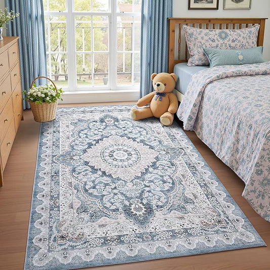 3x5 Area Rug for Bedroom, Machine Washable Rugs with Non-Slip Backing for Living Room, Soft Vintage Carpet Kitchen Laundry Kids Room Decor, Blue & Beige