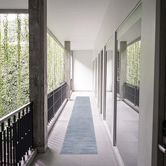 Nourison Essentials Solid Indoor/Outdoor Blue/Grey 2'2" x 20 Area Rug, Easy Cleaning, Non Shedding, Bed Room, Living Room, Dining Room, Deck, Patio, Backyard (2x20)