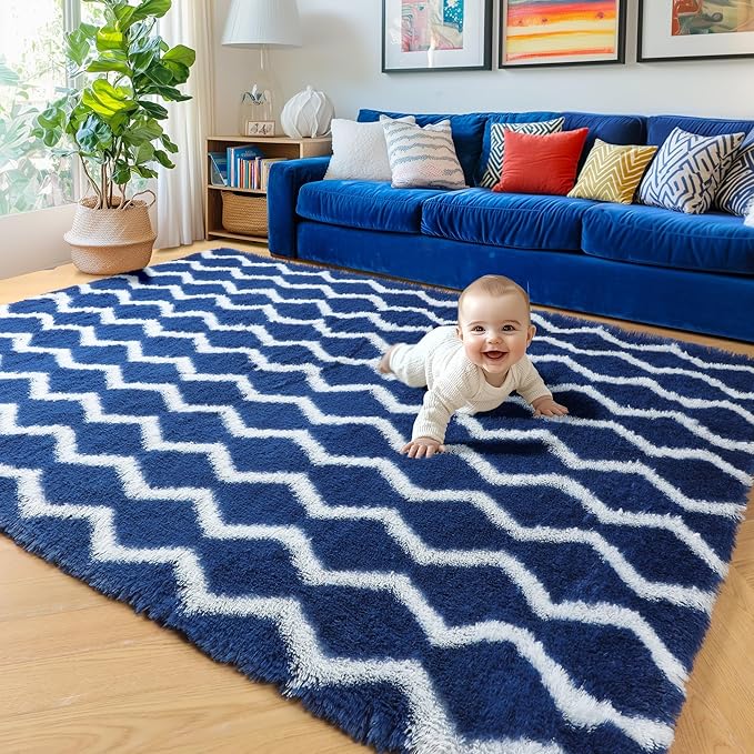 RUGTUDER 5x8 Rugs for Living Room, Washable Fluffy Shag Striped Area Rug Fuzzy Rug for Bedroom, Soft Shaggy Carpet Geometric Rug for Boys Kids Boys Room Teens Dorm Playroom Decor, Navy Blue and White