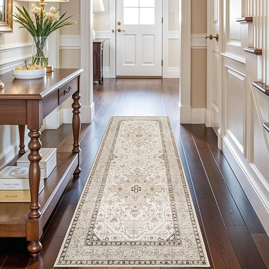 2x6 Runner Rug Washable: Non-Slip Oriental Carpet for Hallway Kitchen Entry - Farmhouse Low Pile Stain Resistant Long Thin Front Door Mat 2x6 Ivory/Grey/Multi