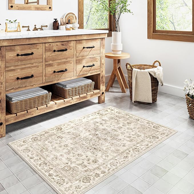 2x3 Washable Neutral Area Rug Beige Entryway Kitchen Non-Slip Low Pile Floral Carpet Door Mat Vintage Soft Thin Small Throw Rug for Bathroom Bedroom Indoor Entrance