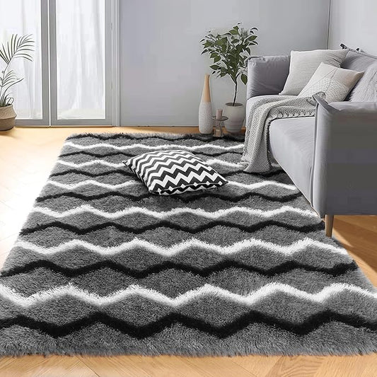 RUGTUDER Soft Fluffy Bedroom Rug, 4x6 Fuzzy Plush Shag Striped Washable Area Rug for Living Room Chevron Shaggy Floor Carpets Geometric Rugs for Kids Boys Playroom Dorm Classroom, Grey Black White